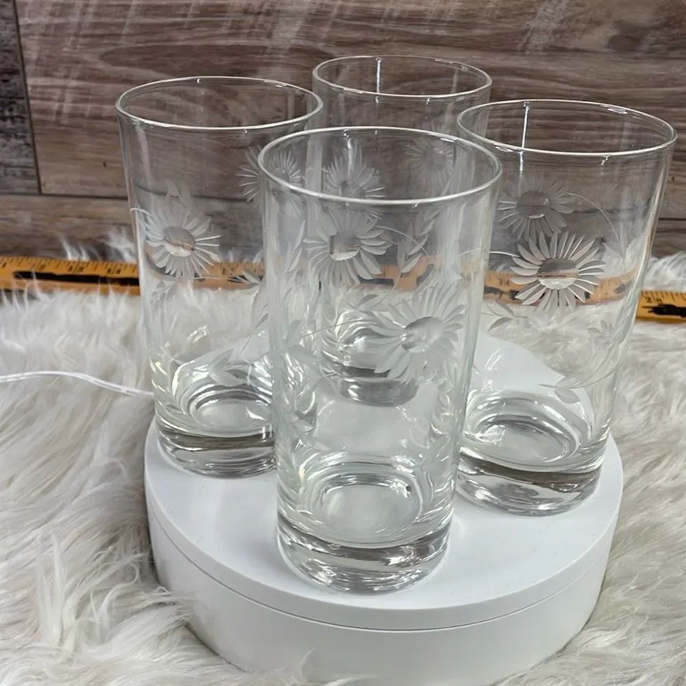 Floral Etched Glassware, Set of 4, Clear Glass , 8 oz